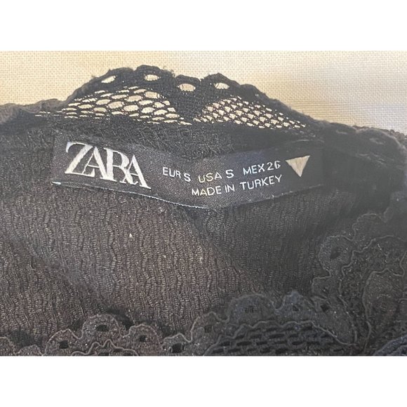 Zara Womens Floral Lace Shift Dress Puff Sleeve Waffle Knit Back Keyhole Black S - Picture 6 of 6